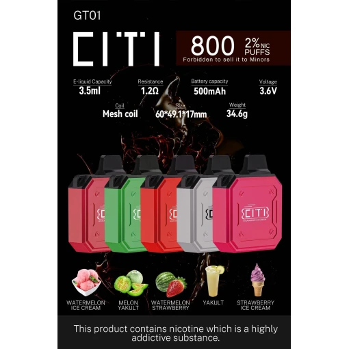 Convenient Citi Disposable 800 puff GT01 - Watermelon Strawberry - 20 MG - Ready-to-use disposable vape device in Egypt