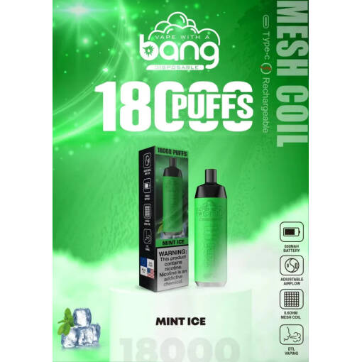 BANG 18000 سحبة للاستخدام مرة واحدة - بطعم النعناع - (قابلة لإعادة التوصيل)