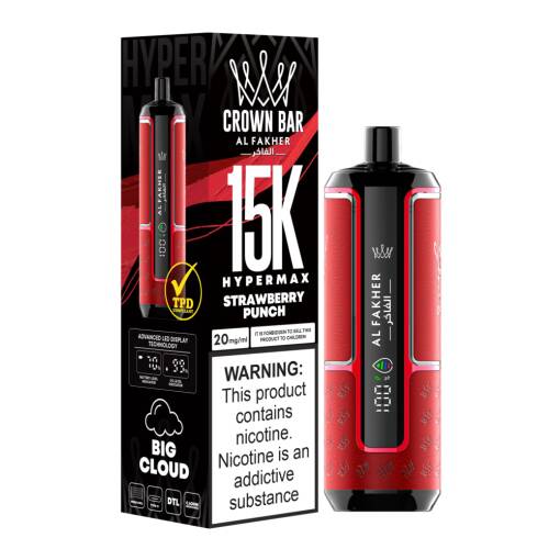 ALFAKHER CROWN BAR HyperMax للاستخدام مرة واحدة 15000 سحبة - DTL - بطعم الفراولة - (قابل لإعادة التوصيل)