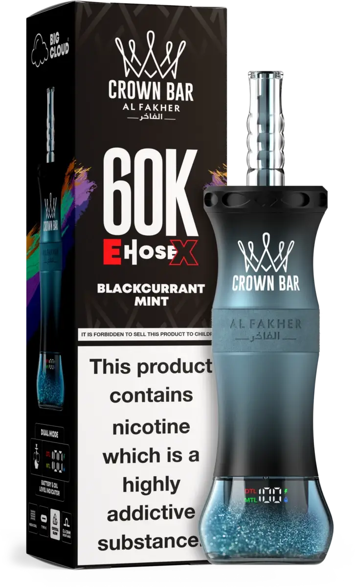 Al Fakher Crown Bar E Hose X Disposable - BLACKCURRANT MINT - (60000 Puffs) ( RECHARGEABLE ) 1 Al Fakher Crown Bar E Hose X Disposable - BLACKCURRANT MINT - (60000 Puffs) ( RECHARGEABLE )