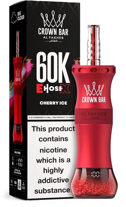 Al Fakher Crown Bar E Hose X Disposable - CHERRY ICE - (60000 Puffs) ( RECHARGEABLE ) 1 Al Fakher Crown Bar E Hose X Disposable - CHERRY ICE - (60000 Puffs) ( RECHARGEABLE )
