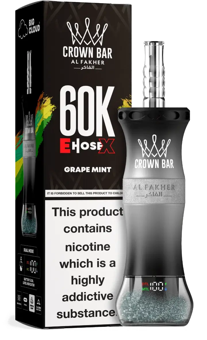 Al Fakher Crown Bar E Hose X Disposable - GRAPE MINT - (60000 Puffs) ( RECHARGEABLE ) 1 Al Fakher Crown Bar E Hose X Disposable - GRAPE MINT - (60000 Puffs) ( RECHARGEABLE )