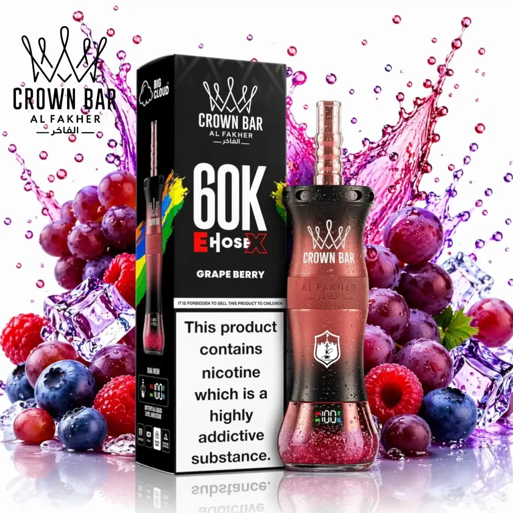 Al Fakher Crown Bar E Hose X Disposable - GRAPE BERRY - (60000 Puffs) ( RECHARGEABLE ) 1 Al Fakher Crown Bar E Hose X Disposable - GRAPE BERRY - (60000 Puffs) ( RECHARGEABLE )