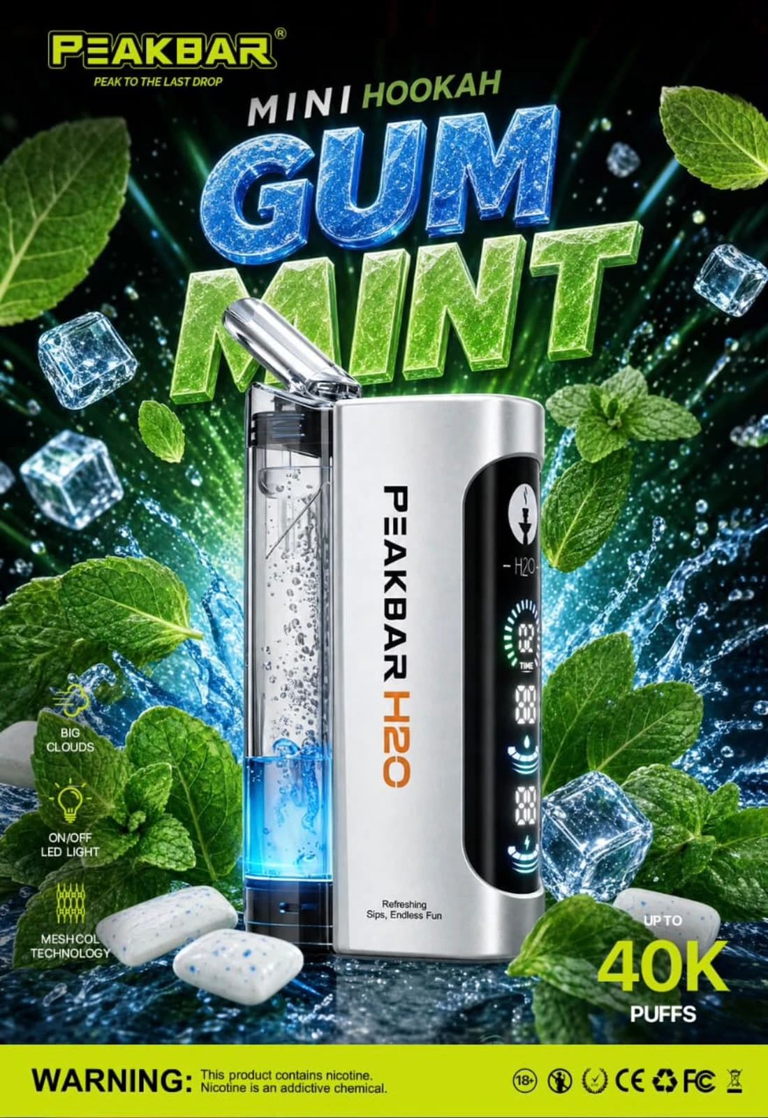 PEAKBAR H2O Disposable 40000 puff - GUM MINT - ( RECHARGEABLE ) 1 PEAKBAR H2O Disposable 40000 puff - GUM MINT - ( RECHARGEABLE )