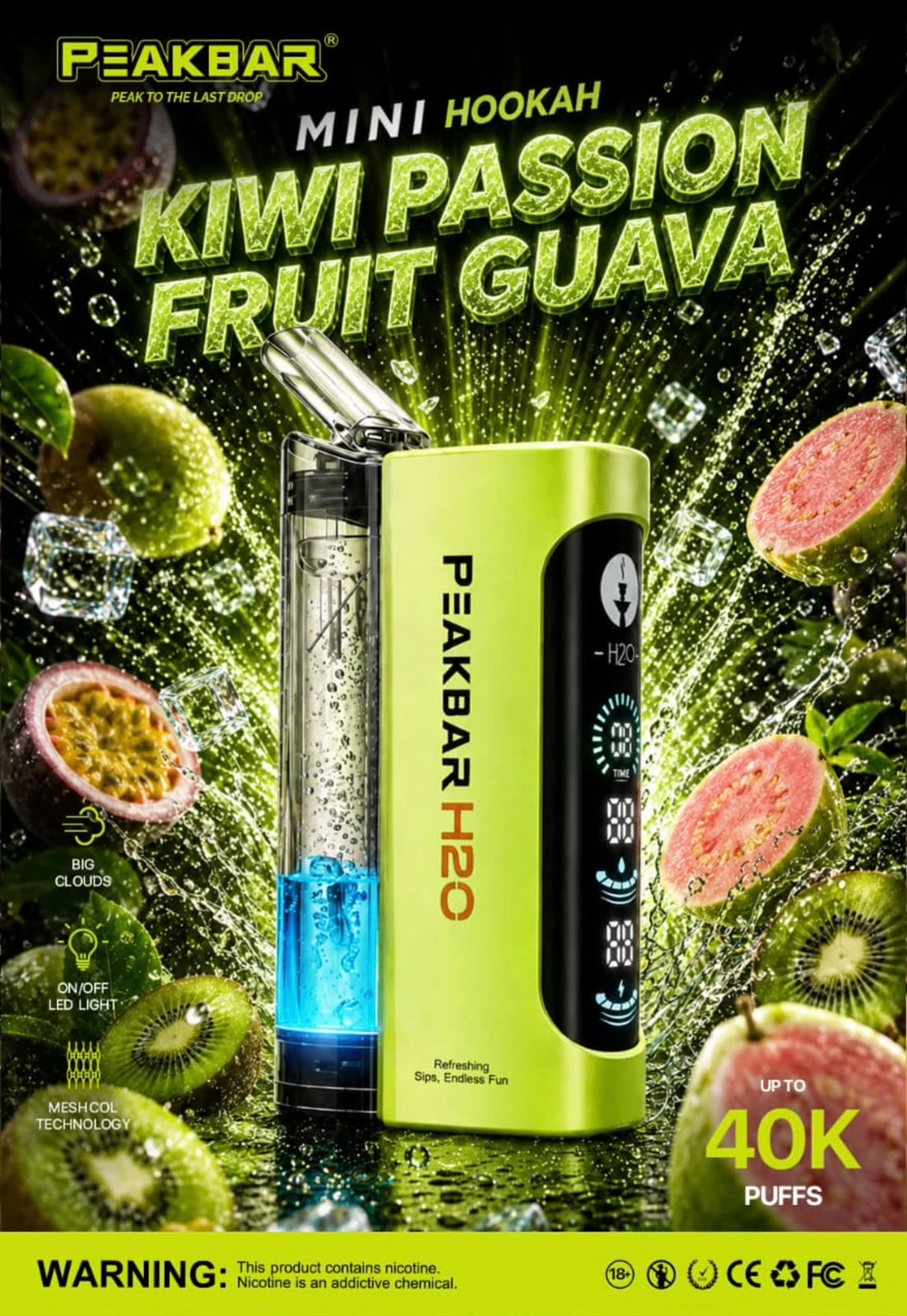 PEAKBAR H2O Disposable 40000 puff - KIWI PASSIONFRUIT GUAVA - ( RECHARGEABLE ) 1 PEAKBAR H2O Disposable 40000 puff - KIWI PASSIONFRUIT GUAVA - ( RECHARGEABLE )