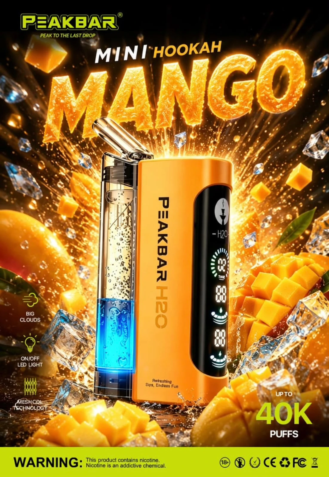 PEAKBAR H2O Disposable 40000 puff - MANGO - ( RECHARGEABLE ) 1 PEAKBAR H2O Disposable 40000 puff - MANGO - ( RECHARGEABLE )