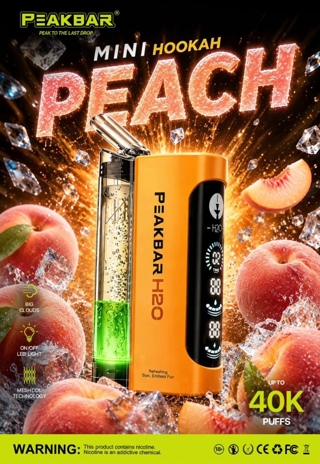 PEAKBAR H2O Disposable 40000 puff - PEACH - ( RECHARGEABLE ) 1 PEAKBAR H2O Disposable 40000 puff - PEACH - ( RECHARGEABLE )