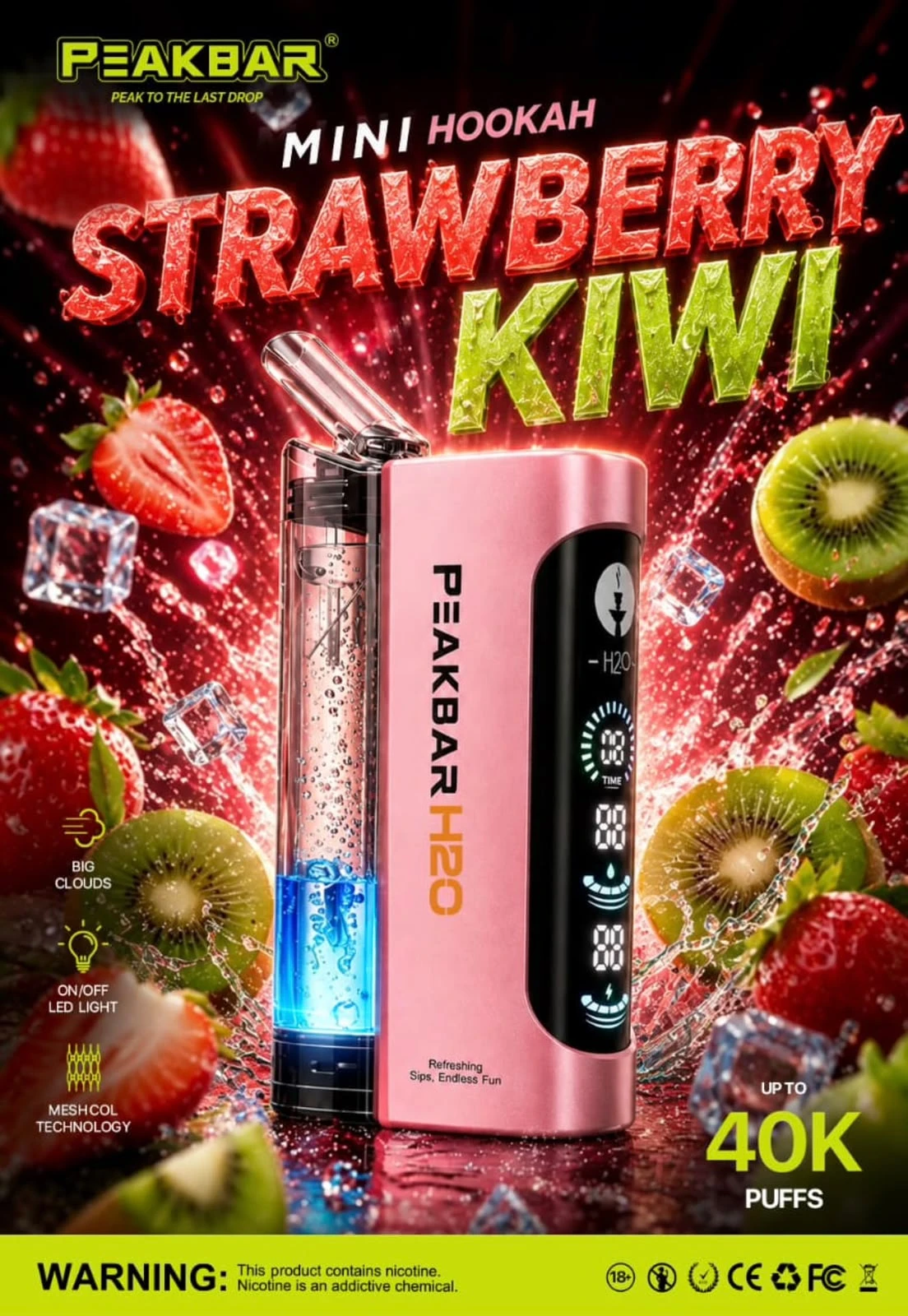 PEAKBAR H2O Disposable 40000 puff - STRAWBERRY KIWI - ( RECHARGEABLE ) 1 PEAKBAR H2O Disposable 40000 puff - STRAWBERRY KIWI - ( RECHARGEABLE )