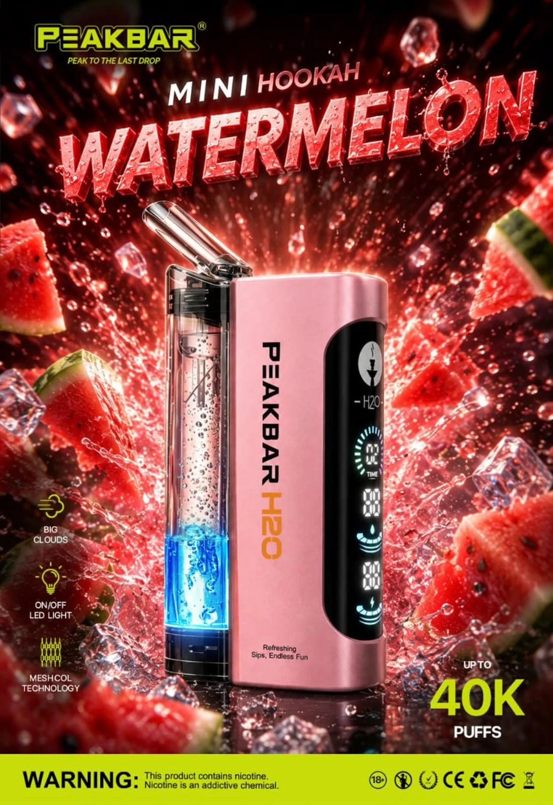 PEAKBAR H2O Disposable 40000 puff - WATERMELON - ( RECHARGEABLE ) 1 PEAKBAR H2O Disposable 40000 puff - WATERMELON - ( RECHARGEABLE )